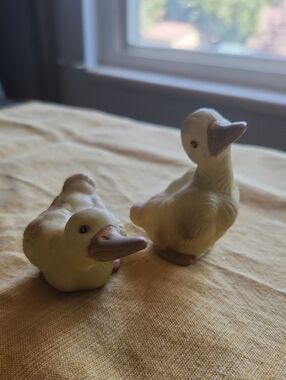 Lefton Yellow Ceramic Duck Figurines with Brown Accents Collectible Vintage